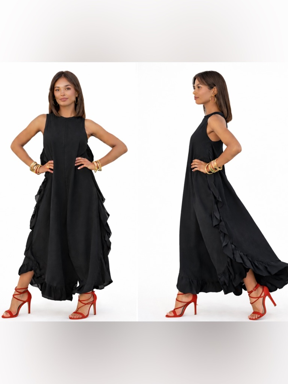 Zara Black Ruffle Jumpsuit | Wide Leg Cotton Statement Chic | Size S